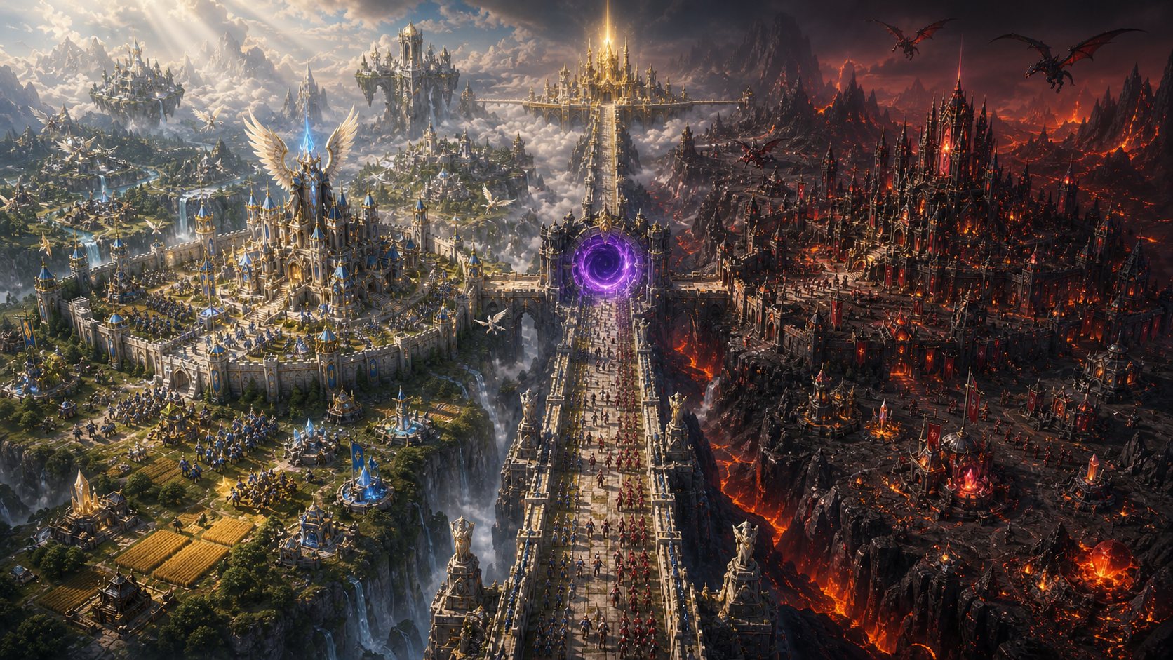 The realms of Heaven and Hell divided by the towering Realm Portal